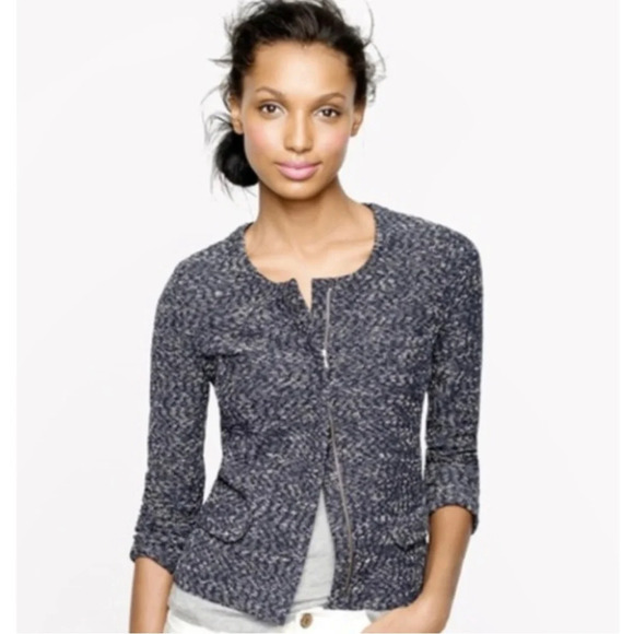 J.Crew Navy Micro Tweed Zip Front Sweater Jacket Small - Picture 1 of 11
